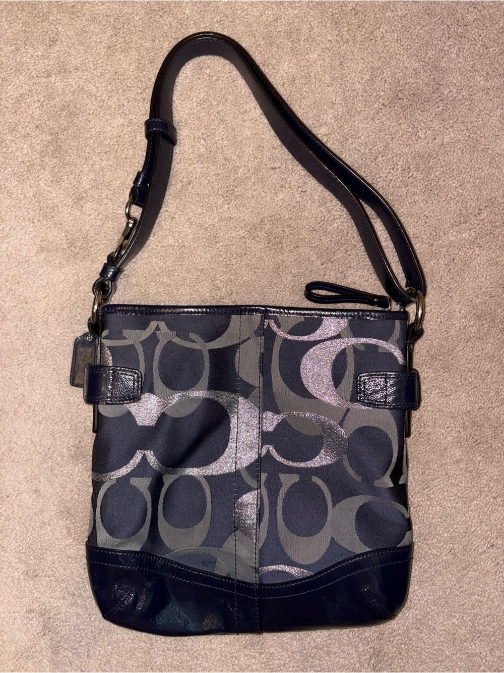 Coach Navy Signature Pattern Shoulder Bag with silver hardware - Picture 2 of 4